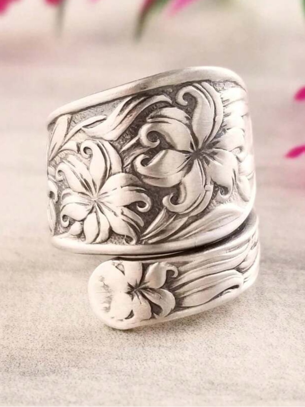 Silver Tone Floral Spoon Ring - Adjustable Wrap Design